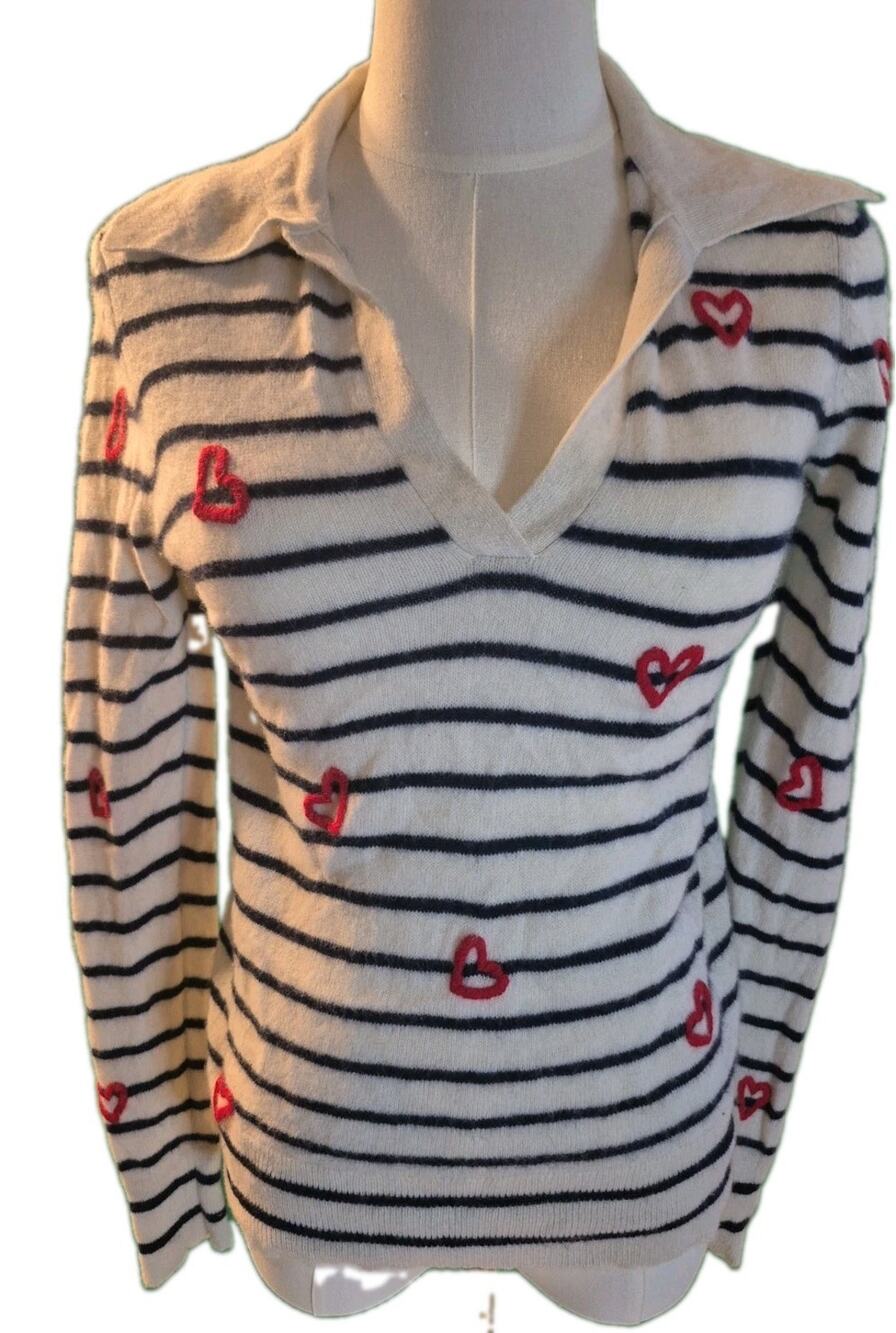 Charter Club Women's 100% Cashmere Striped Heart-Embroidered Polo Sweater - XS